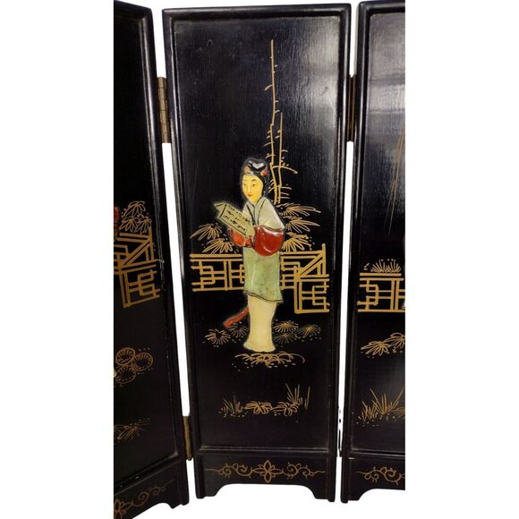 Vintage 1950s Geisha Lacquered Bamboo Abalone Paneled Tabletop Screen Divider - Picture 11 of 12